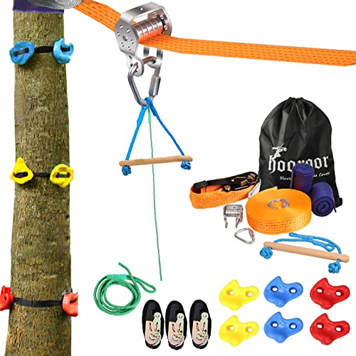 hooroor Slackline Pulley with 52FT Zip Line, Monkey Bar, Tree Climbing Holds-Ninja Warrior Obstacle Course for Kids & Adults-Outdoor Backyard Playset Toys, Jungle Gym