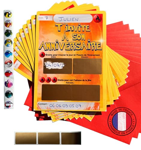 KJ Surprise Lot de 10 Invitations Anniversaire Pokémon à Gratter – Cartes avec Enveloppes et Autocollants – Carte Invitation Originale pour Enfant – Fabriqué en...