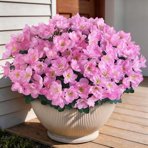 Image of YXZZWL 8 Bundles Artificial Flowers for Front Door, Fake Silk Azalea Bouquet Silk Flowers for Outside UV Resistant Realistic Faux Plants for Planter Farmhouse Patio Garden Walkways Home Decor (Pink)