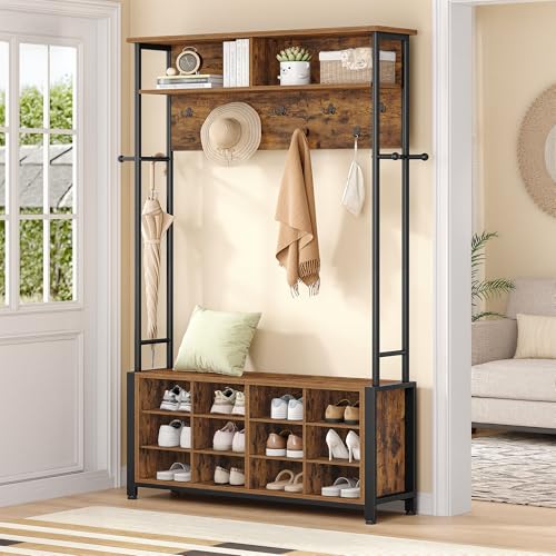 Hzuaneri Porte-Manteau, Meuble d'Entrée avec Banc à Chaussures, 14 Compartiments Ouverts, 13 Étagère, Style Industriel, pour Entrée, Couloir, 31 x 108 x187 cm,...