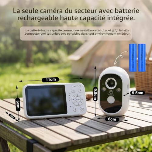 TimeFlys Babyphone avec caméra, batterie intégrée, vision nocturne, audio bidirectionnel, 8 berceuses, zoom 2x, alarme vox, 8 berceuses, support pieuvre, pas de Wi-Fi nécessaire – vue 2