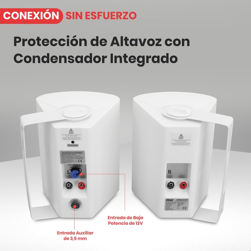 Pyle Sistema de par de Altavoces, Activo, Pasivo, Resistentes a la Intemperie, Inalambricos, Sonido Estereo, Interiores, Exteriores, AUX, Bluetooth, Blanco