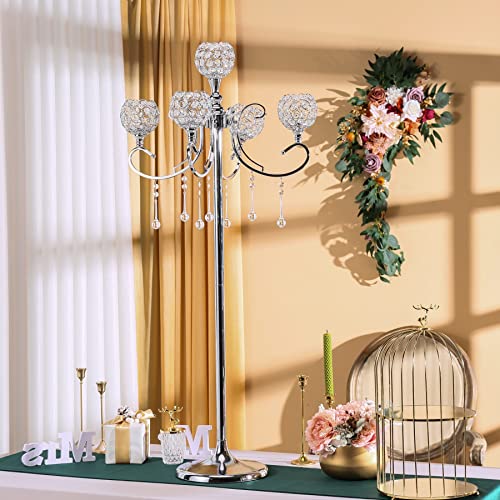 Floor Candle Holders For Centerpieces, 29.5 "Tall 5-Arm Classic Silver Wedding Candle Holder Candle Stand With Crystal Drops For Party Ceremony Aisle Reception Christmas Decoration #TOP1