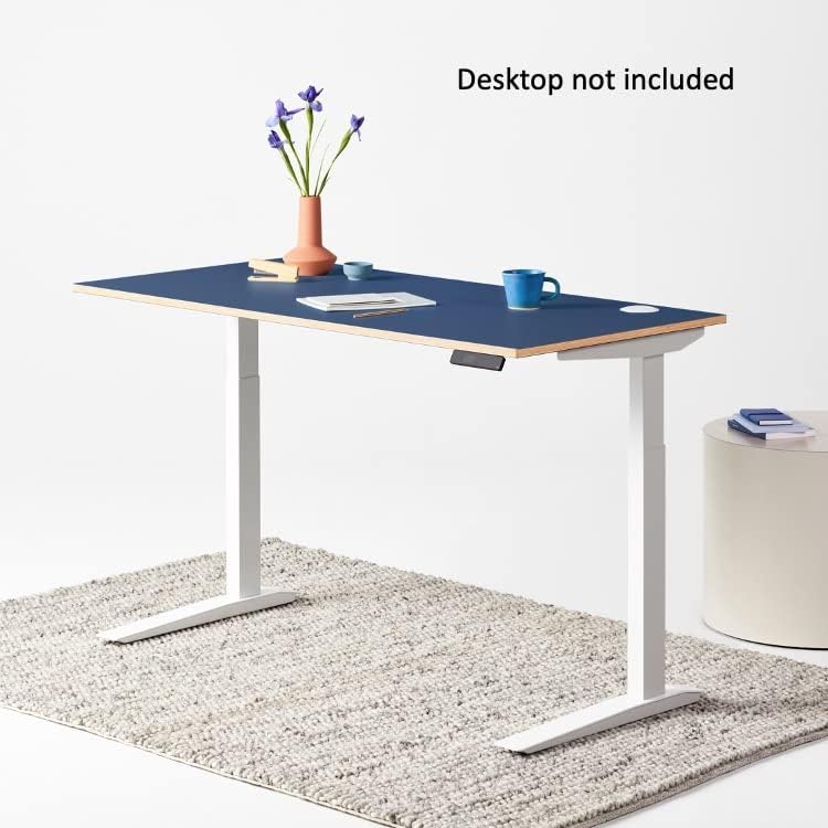 Jarvis Fully Standing Desk Frame in white with a blue desktop, set at standing height.