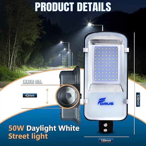 Image of Forus 50W LED Street Light with Clamp, IP66 Waterproof Outdoor LED Street Light, High Lumen 6000lm Daylight White, Aluminium Body for Road, Parking Lot, Garden & Industrial Outdoor Lighting (1 Pc)