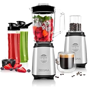 ZEEGMA Vitamine 4-in-1 Multifunctionele blender 1050W met 1 liter kan 2 x 600 ml reissportflessen, Elektrische juicer blender met 2 lemmetsets, Smoothiemaker met safe lock, koffiemolen, kruismessen