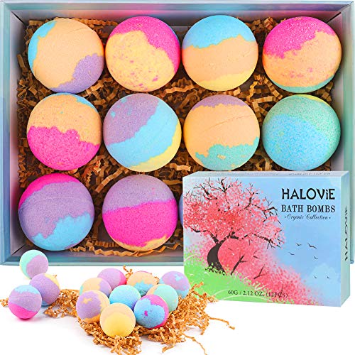 12 Gift Set Natural Bath Bombs, HALOViE Organic Handmade Bubble Bath Ball 2 Oz for Kids Women
