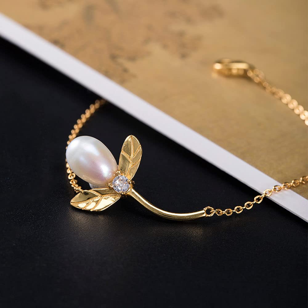 Girls Accessories Bracciale in Argento Sterling 925 Vintage per Donna Semplice Perla d'Acqua Dolce Foglia Dorata Gioielli Classici Fascino Spiaggia Estiva Birthday Gift