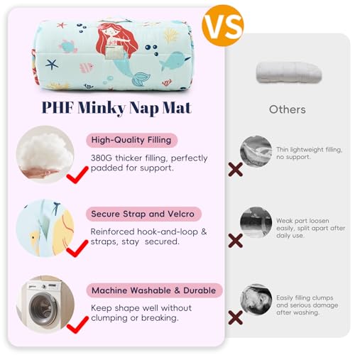 Image of PHF Soft Toddler Nap Mat with Removable Pillow, Rollup Design Kids Sleeping Mat, Slumber Bags for Girls, 50 inchx20 inch Toddler Sleeping Bag for Daycare Preschool Travel Camping, Cute Mermaid