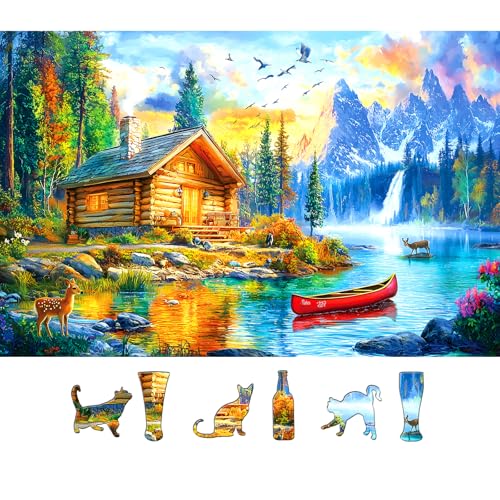 Image of 500 Piece Jigsaw Puzzle for Adults Mountain Lake Cabin Nature Forest Waterfall Deer Sunset Landscape Family Challenging Puzzles with Letters on Back Perfect for Game Night (23 inchX15 inch)