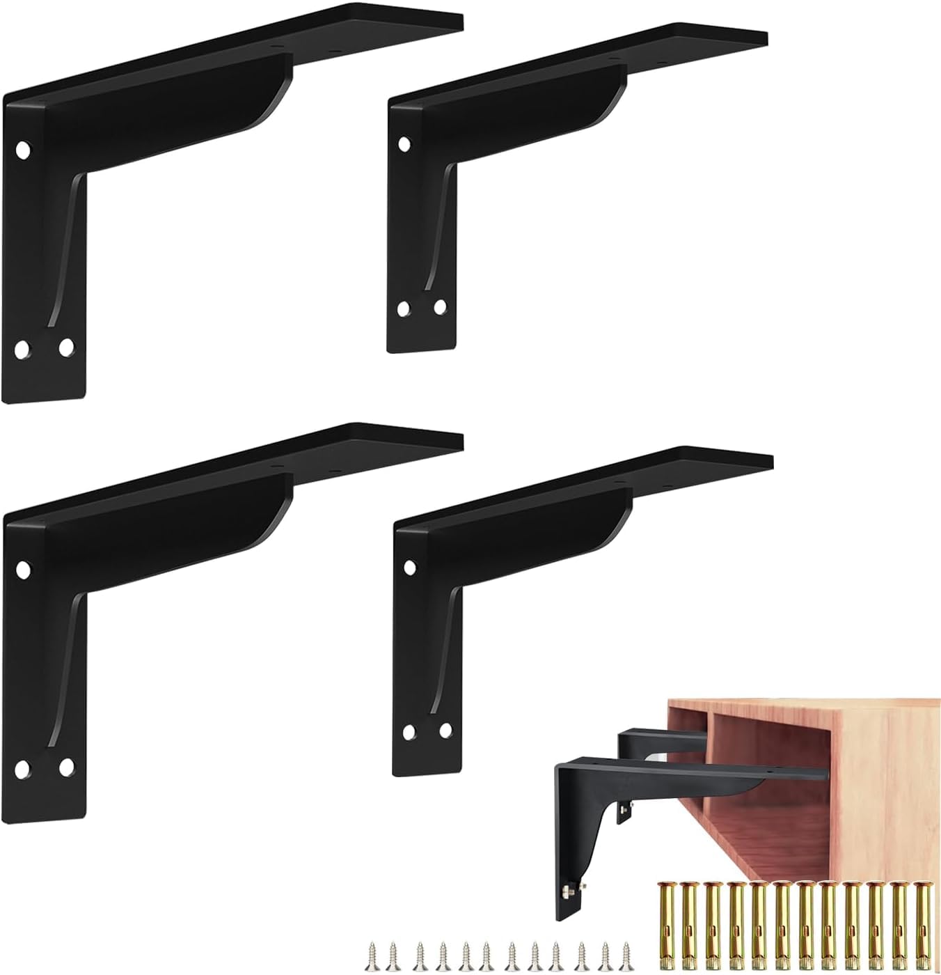 Soporte para Estantes de 4 Piezas – Escuadras de Soporte de Acero de 8/12/16 Pulgadas, Integrado de Ata Resistencia 90° para Montaje en Pared, Negro, Antioxido(4pcs-16IN/391MM)