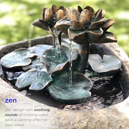 Image of Alpine Corporation USA1393 Outdoor Floor Vintage Pedestal Lotus Rock Water Fountain, Soothing Pedestal Waterfall, 30 inch, Brown