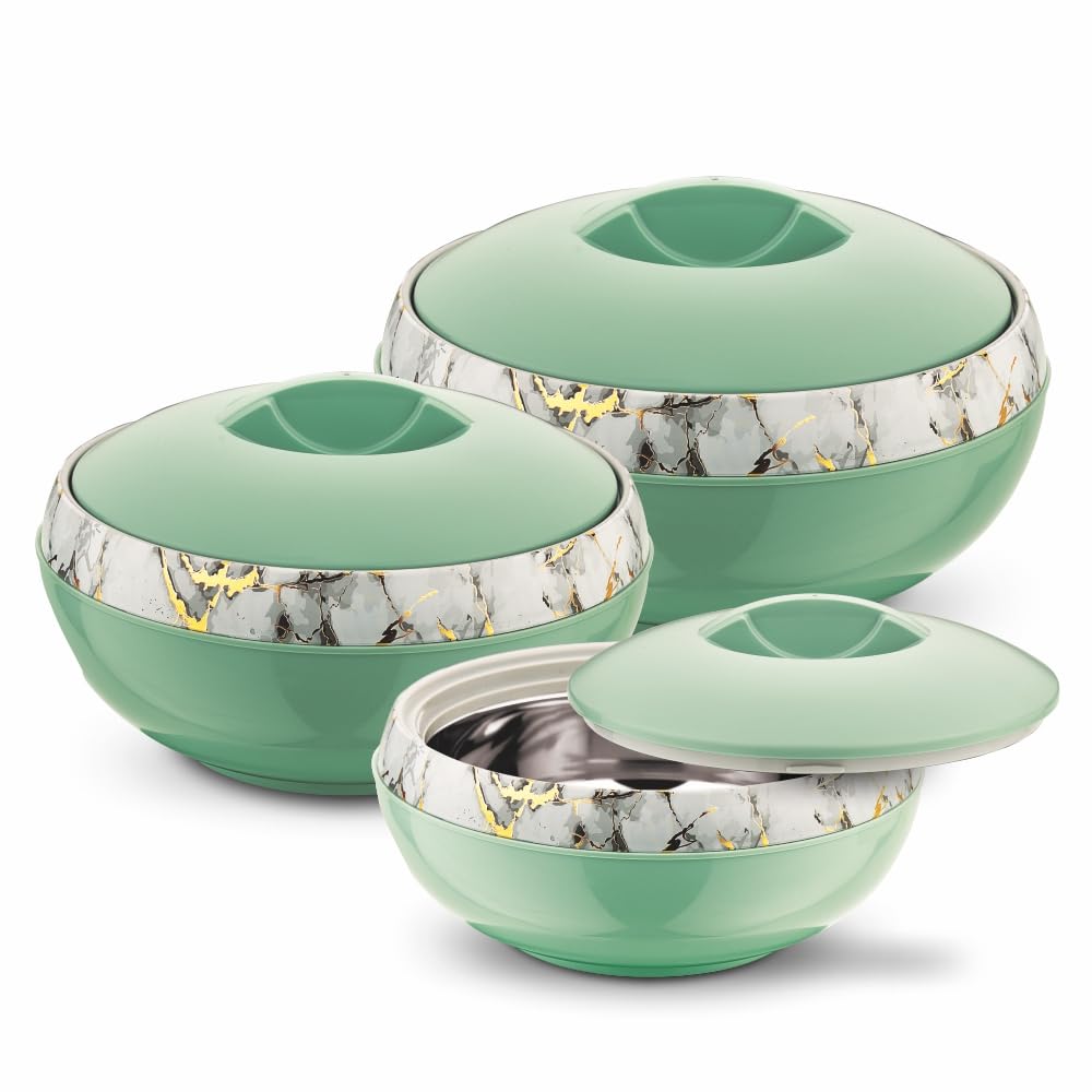 Asian Plastowares - Venus Marble Casserole (600 ml, 1000 ml, 1500 ml) Set of 3 | BPA-Free | Food Grade | Keeps Food Hot | Ideal for Serving, Gifts for Diwali & Housewarming | Airtight | Hot Box for Chapati |Green