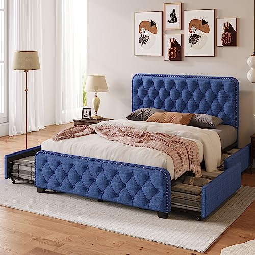 Merax Modern Upholstered Plattform Bed with 4 Storage Drawers Metal