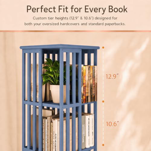 Image of Lauxery 6-Tier Bamboo Rotating Bookshelf Tower, Navy Blue, 74.8 in | 1200 lbs capacity, small footprint, 360 degree smooth rotation, dual shelf heights, easy assembly, for living room