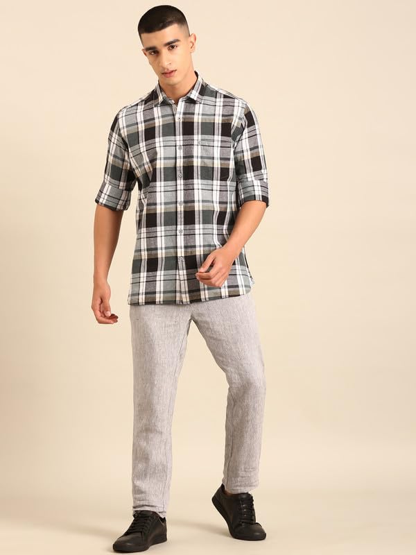 Image of Cavallo by Linen Club Men's Blended Linen Blue Solid Contemporary Fit Full Sleeve Casual Shirt