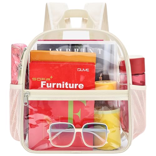 Image of Busiuw Clear Backpack for Stadium Events 12x12x6 Mini SmallSports Fan Backpacks with Front Pocket for Concert Sport Events Work Travel(Cream)