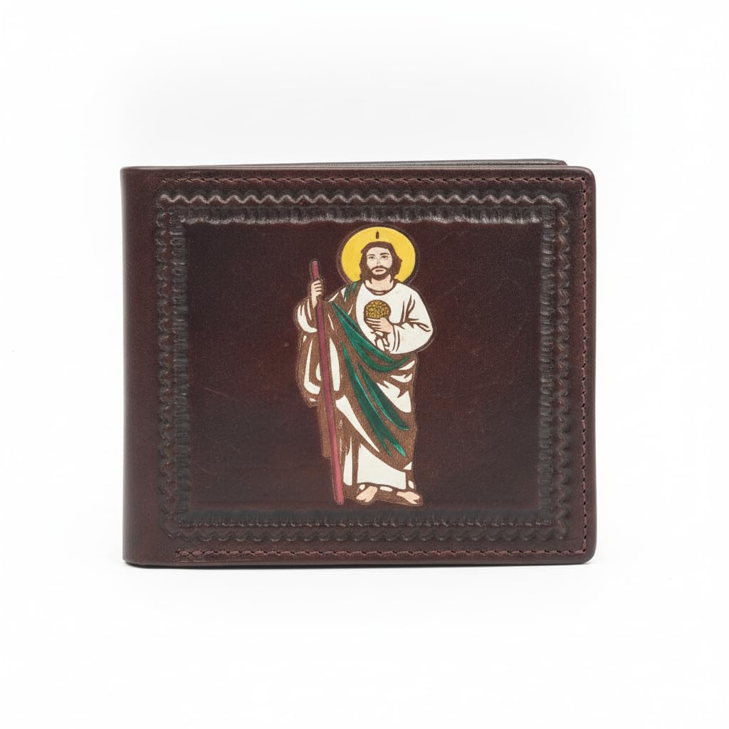 Cartera plegable de cuero occidental para hombre, piel auténtica con diseño de vaquero en relieve, gallo o San Judas, carteras delgadas de vaquero para hombre, Café, Cartera occidental