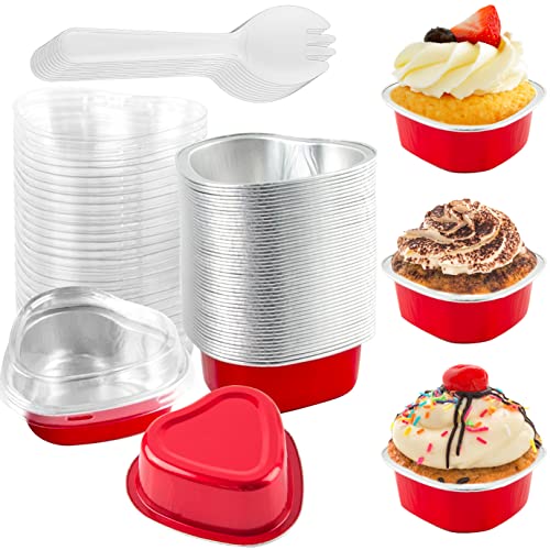 WXJ13 50 Sets Heart Shaped Cake Pans with Lids Aluminum Mini Disposable Heart Cupcake Pans Baking Cups and 50 Cake Scoops for Birthday Wedding Party Valentine's Day Children's Day (55ml)
