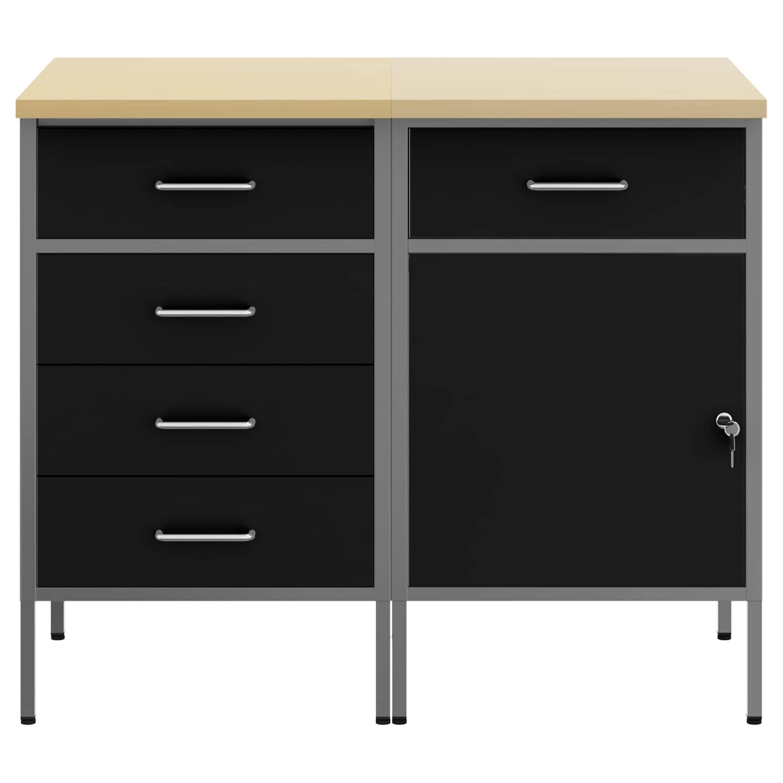 Banco da lavoro con cassetti 2 pezzi, nero e grigio, 75 x 45 x 85 cm, armadio da officina in legno e acciaio per attrezzi