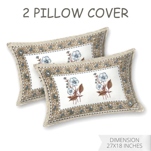 Image of Living Roots Ethnic Jaipur Block Print Double Cotton Bedsheet & 2 Pillow Covers, for Mattress Upto 6 inches Thick, No Colour Bleeding, Mustard Colour, King Size 90 * 108 inches, 120TC (613-C)