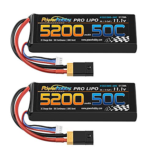 PowerHobby 3S 11.1V 5200mAh 50C Lipo Battery W XT60 Plug + Adapter 3-Cell (2) Compatible with Slash 4x4 4WD 2WD Stampede Rustler E-Revo E-Maxx Spartan M41 X-Maxx Brushless VXL