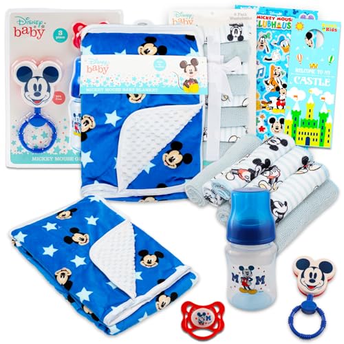 Image of Disney Mickey Mouse Baby Gift Set, Baby Shower Gifts Boys Neutral - 12 Pc Newborn Essentials Bundle with Blanket, Washcloths, Rattle, Bottle, Pacifier, Scrapbook Stickers, More