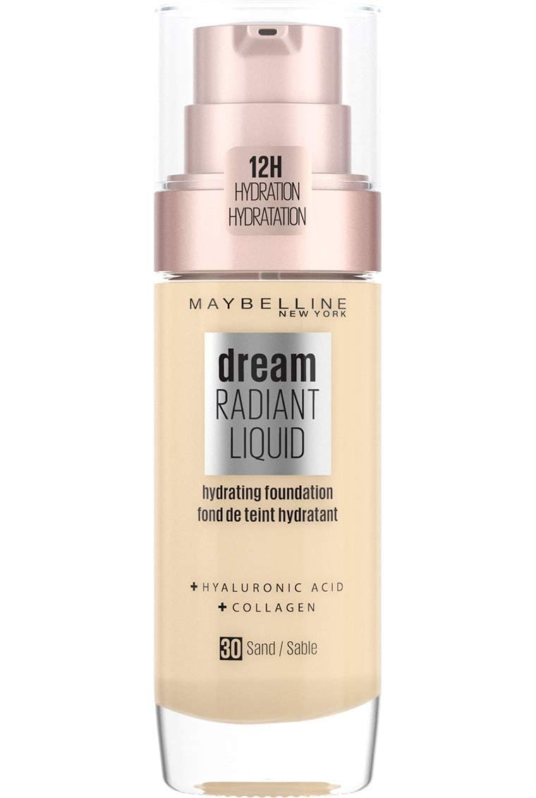 Maybelline Dream Radiant Liquid Foundation 30 Sand – Feuchtigkeitsspendende Foundation mit Hyaluronsäure und Kollagen, helle Hauttöne