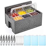 Mifoci 6 Pans Cold Food Buffet Server Set with Lid, Stainless Steel Countertop Ice Serving Tray Display Condiment Container with Insulation Box Tongs Spoons Ice Chilled Pack for Salad Fruit Kitchen