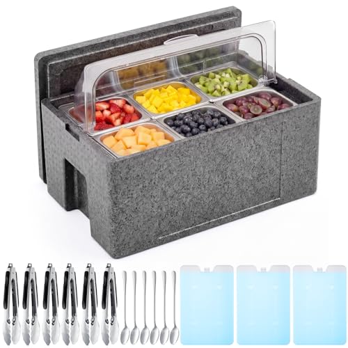 Mifoci 6 Pans Ice Food Serving Display Tray with Insulation Box, Portable Salad Bar Buffet Station for Home, Stainless Steel Countertop Serving Tray with Tongs Spoons Ice Chilled for Parties Kitchen by Mifoci - Used condition - US$119.69
