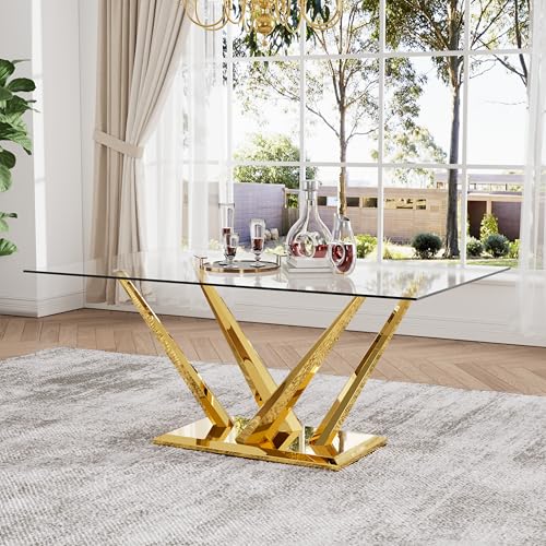 HAIZAO 63'' Rectangular Glass Dining Table for 4-6, Luxury Kitchen Table with Tempered Glass and Aesthetic Gold Stainless Steel Base, Modern Dinner Table for Home, Apartment