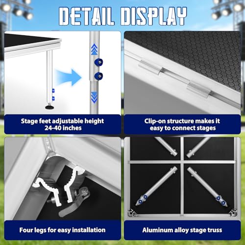 Image of 4x4ft Portable Stage Platform, 1900LBS Load Heavy Duty Aluminum Stage Riser, Adjustable Height 24 inch-41 inch Folding Modular Stage Deck, Anti-Slip Surface for Concerts, Weddings, DJ, Events, Commercial Use
