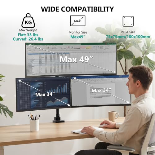 Image of WALI Stacked Triple Monitor Mount for 49 inch UItrawides and Dual 34 inch Monitors | Heavy Duty 3 Monitor Arm up to 33 lbs, Full Motion with Tilt, Swivel, Rotation, C-Clamp & Grommet Base, VESA 75 /100mm, Black