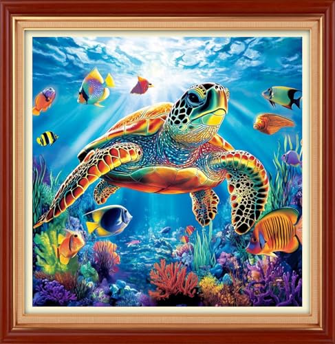 Image of Foxhool Stamped Cross Stitch Kits,11CT Printed Cross Stitch Pattern Full Embroidery Kits for Beginner Needlepoint Kits&Turtle Scenery 18x18 inch