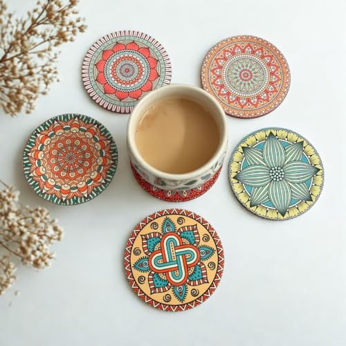 Image of Zesta Coasters for Cups Set of 6 / Wooden Coasters for Bar Accessories for Home /Tea Coaster Set of 6 / Waterproof Dining Table Decor Glass Cover (Mandala B, Circle)