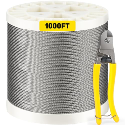 Rengue 1/8 Stainless Steel Cable 1000 FT for Deck Cable Railing System, T316 Heavy-Duty 7x7 Strands Construction Deck Cable Railing Kit with DIY Balustrades, Deck Railing Kit Including Cutter
