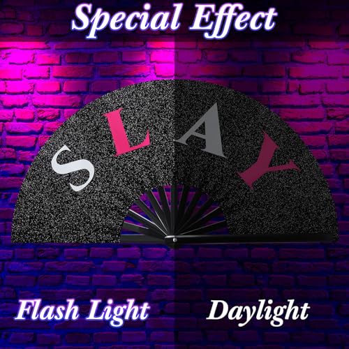 Image of FairySandy Large Rave Fan UV Glow Clack Summer Hand Fan with Thigh Holster for Women Carnival Party Supplies for Carnival Edm Music Festival Club Accessories(Slay,Black)