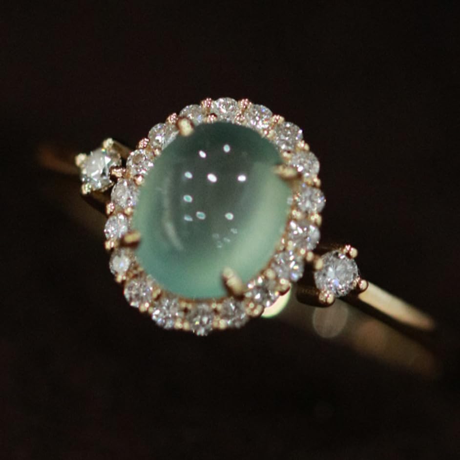 ZDIFDIC Pale Green Jade Ring for Women Vintage Oval Gemstone 18K Gold Ring Cubic Zirconia Wedding Engagement Single Stone Jade Halo Ring Open Adjustable Ring for Her2