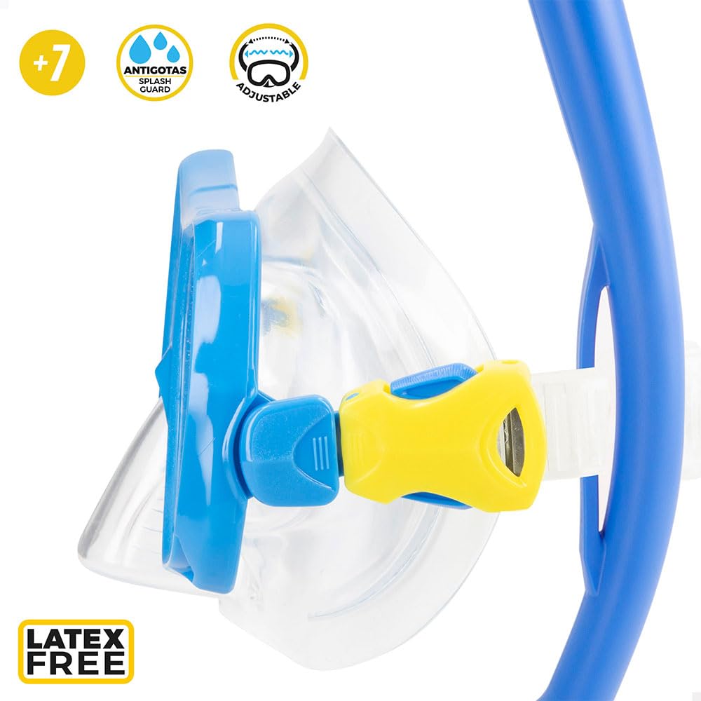 AKTIVE Tuba et Palmes Colorbaby Aqua Sport pour Enfants, Masque à Gouttes, Ajustement Facile, sans Latex, Palmes Réglables 27-31, Tube de Protection, lentilles en Polycarbonate