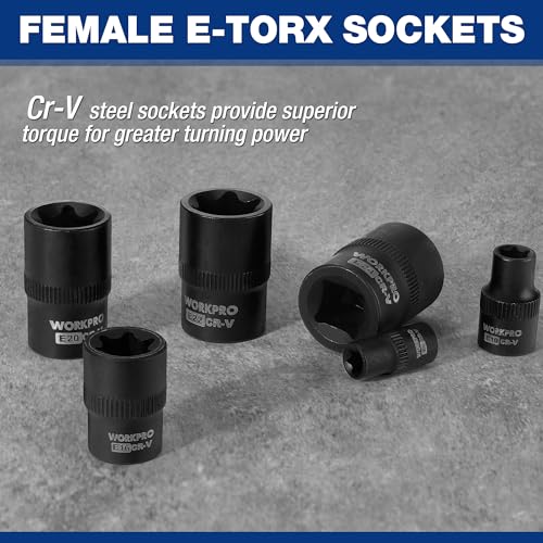 Image of WORKPRO 60-piece Master Torx Bit Set,CR-V Torx Sockets & E Socket Set | 1 /4 inch, 3 /8 inch, 1 /2 inch Drive Bits, E4-E24 e Socket Set, T6-T70 TT6-TT70, TP8-TP60 Torx Socket Set, S2 Steel Bits, CR-V Sockets
