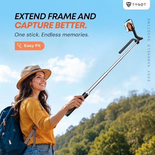 Image of Tygot T-180 Selfie Stick 67 inch (170 cm) for Mobile with Tripod Stand, Detachable Bluetooth Remote, 360 Rotating Head, Adjustable Phone Holder, Extendable Selfie Stick for Photography & Vlogging