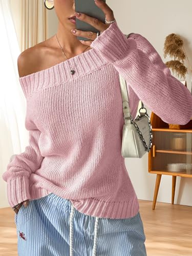 Womens Off The Shoulder Sweaters Cropped Fall Lightweight Sweater Long Sleeve Pullover Loose Knitted Tops4