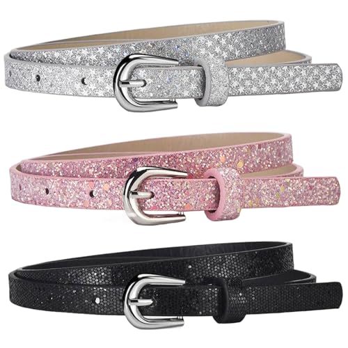 Pluvyze 3 Pcs KindergüRtel Mädchen Gürtel Kinder Mädchen Kinder Gürtel Verstellbar Und Geeignet Zum Kombinieren Mit Jeans, Röcken Und Kleidung Als Geschenk (Schwarz+Pink+Silber)