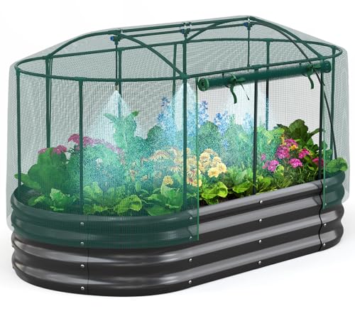 Quictent Galvanized Raised Garden Bed Kit with Self Watering System and Mesh Cover, Large Oval Metal Outdoor Planter Garden Boxes for Vegetables Herbs Flowers, 6x3x1Ft