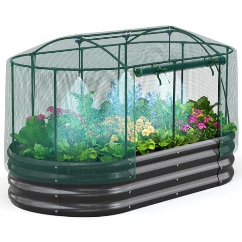 Quictent Galvanized Raised Garden Bed Kit with Self Watering System and Mesh Cover, Large Oval Metal Outdoor Planter Garden Boxes for Vegetables Herbs