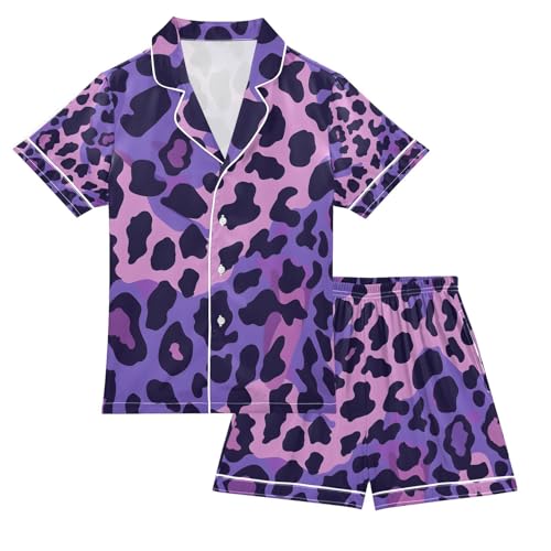senya Purple Leo Skin Satin Summer Pajama Sets Silk Short Sleeve Button Down Sleepwear