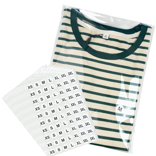 PigPotParty Clear Plastic Tshirt Bags with Size Stickers, 9x12 in, 100 Pcs
