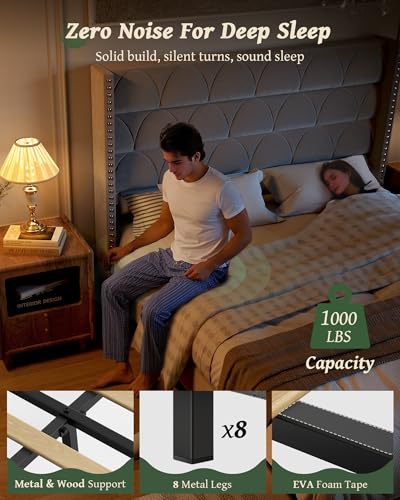 King Size Bed Frame with 56" Headboard - 1000LBS Capacity Support, Velvet Upholstered Wingback Platform Bed Frame, Noise Free, Sturdy Wooden Slat Support - Image 4