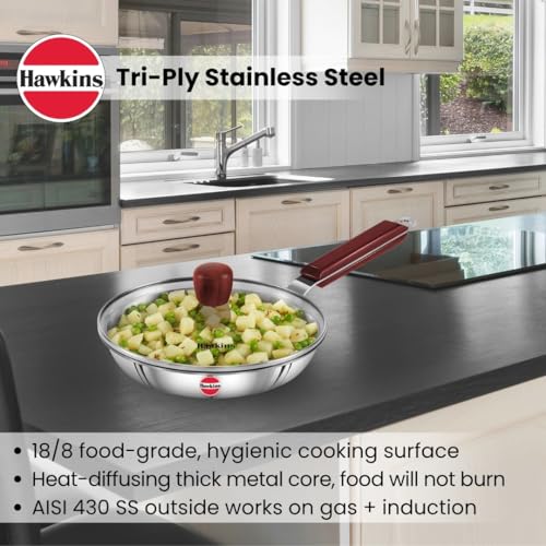 Image of Hawkins 20 cm Frying Pan, Triply Stainless Steel Fry Pan with Glass Lid, Induction Frying Pan, Silver (SSF20G)