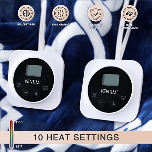 Image of VENTIMI Electric Blanket Queen Size 84 inchx90 inch, Heated Blanket with Dual Controllers, 10 Heating Levels & 1-12 Hours Auto Off Fast Heating Blanket, ETL Certificated, Navy